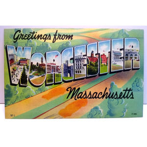 Greetings From Worcester Massachusetts Large Big Letter Linen Postcard Unused